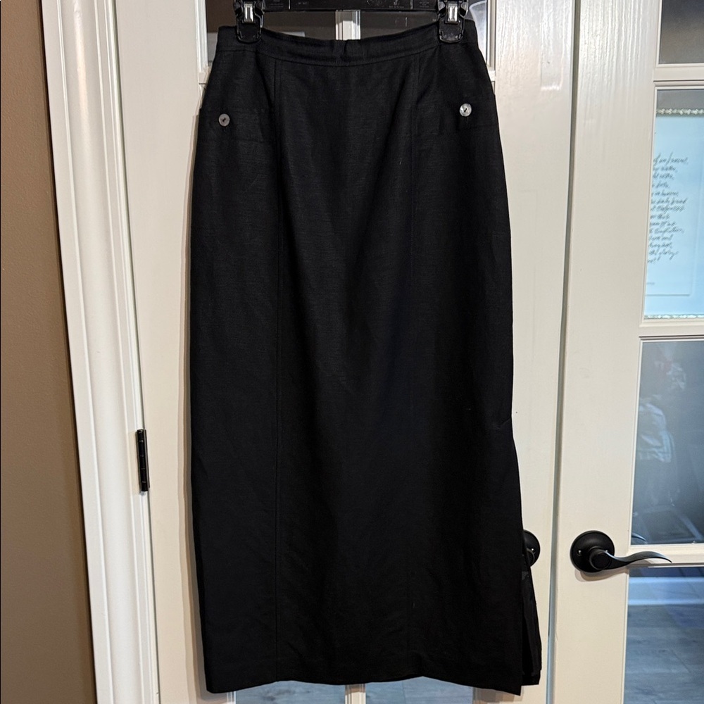 DAVID N. Vintage 80s 90s Black Linen Pencil Midi Skirt Abalone Buttons Size 8